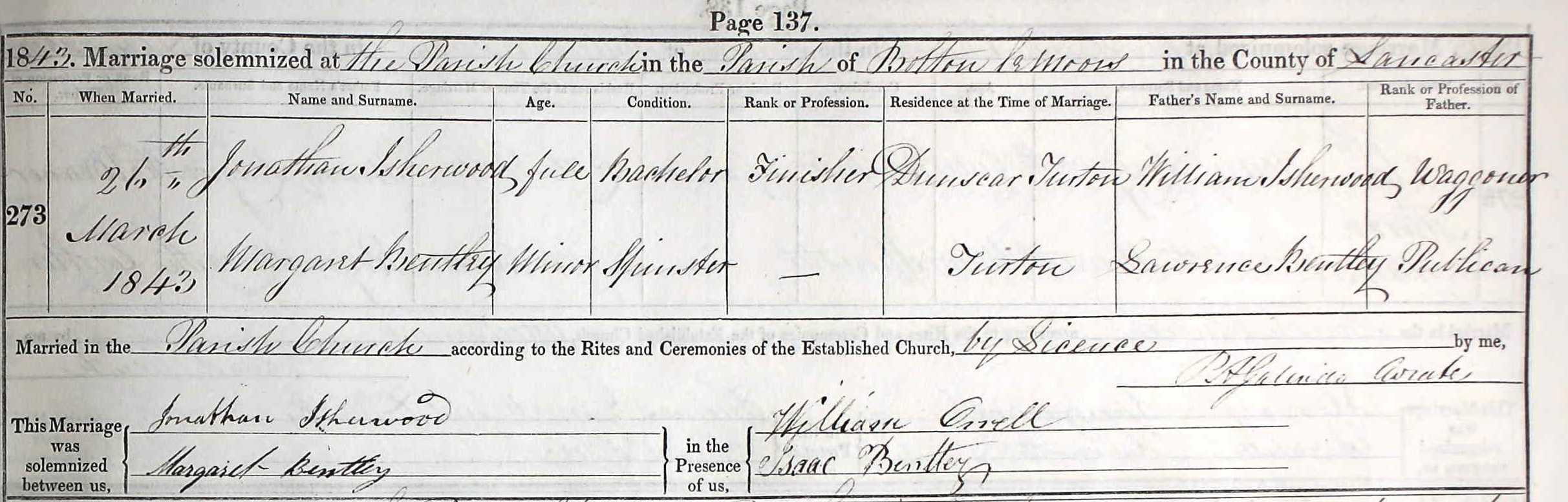 Taken on March 26th, 1843 and sourced from Certificate - Marriage.