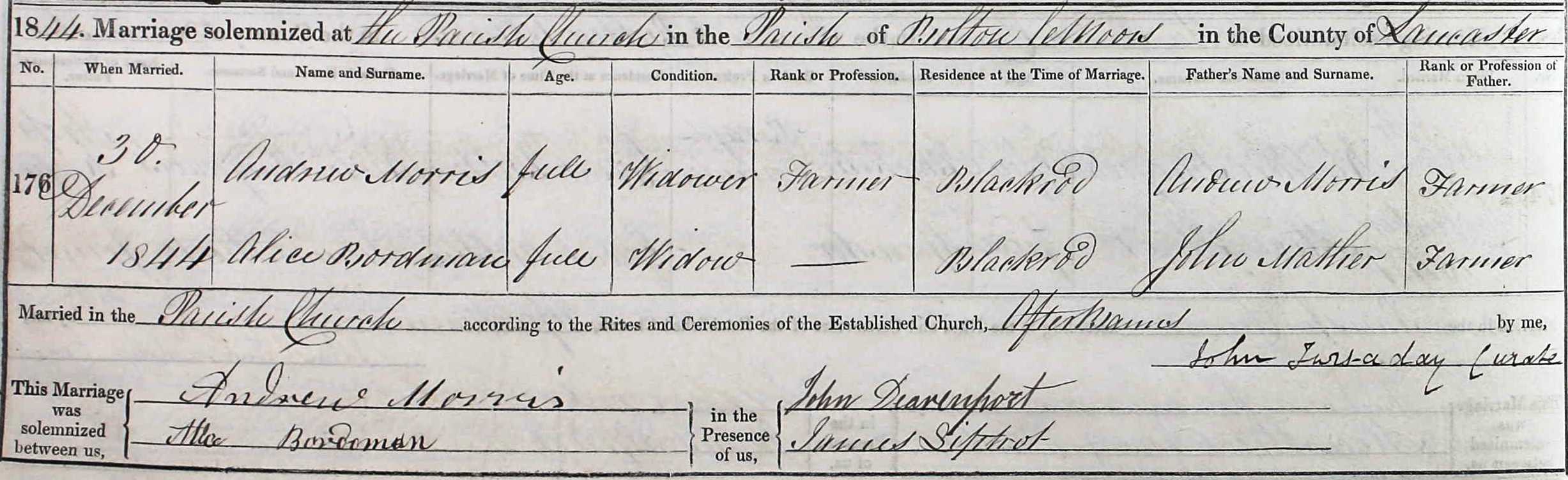 Taken on December 30th, 1844 and sourced from Certificate - Marriage.