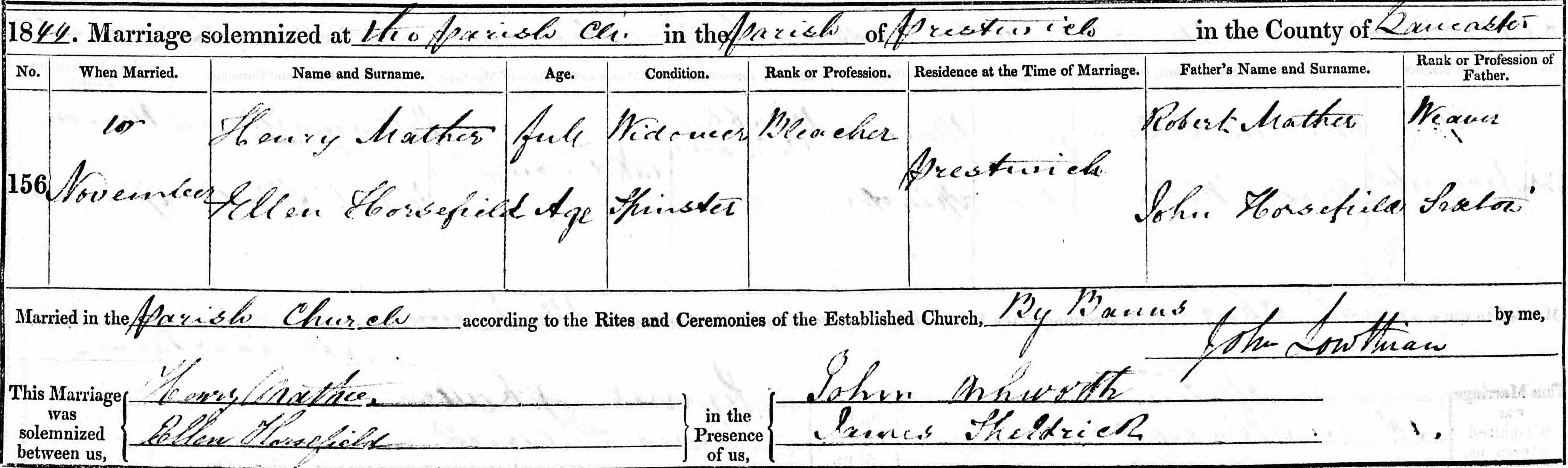 Taken on November 10th, 1844 and sourced from Certificate - Marriage.