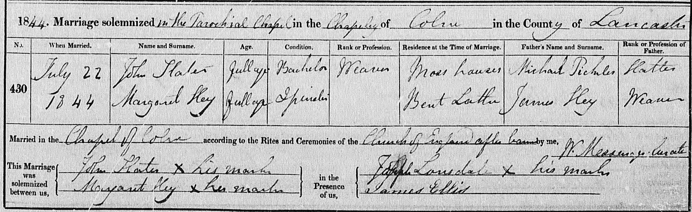 Taken on July 22nd, 1844 and sourced from Lancashire CoE Marriages & Banns (1754-1936).