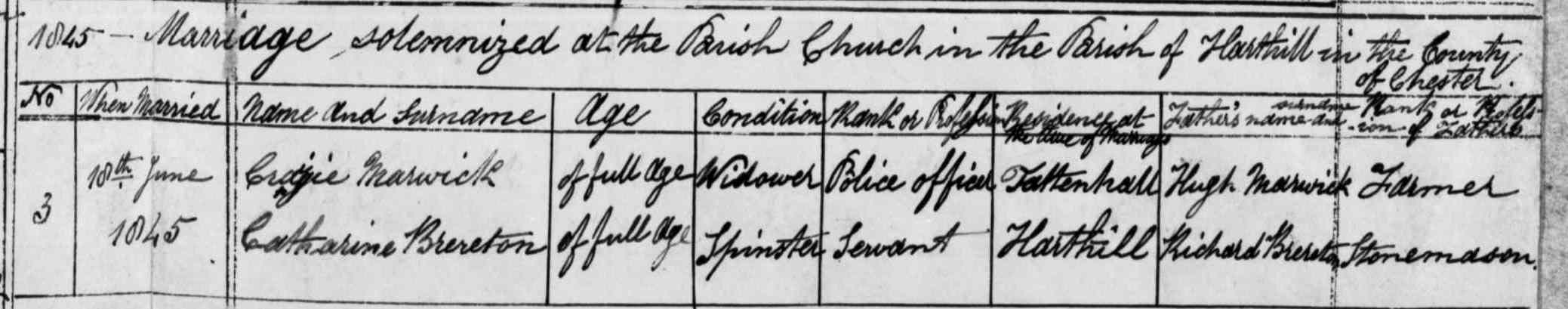 Taken on June 18th, 1845 in Harthill and sourced from Certificate - Marriage.