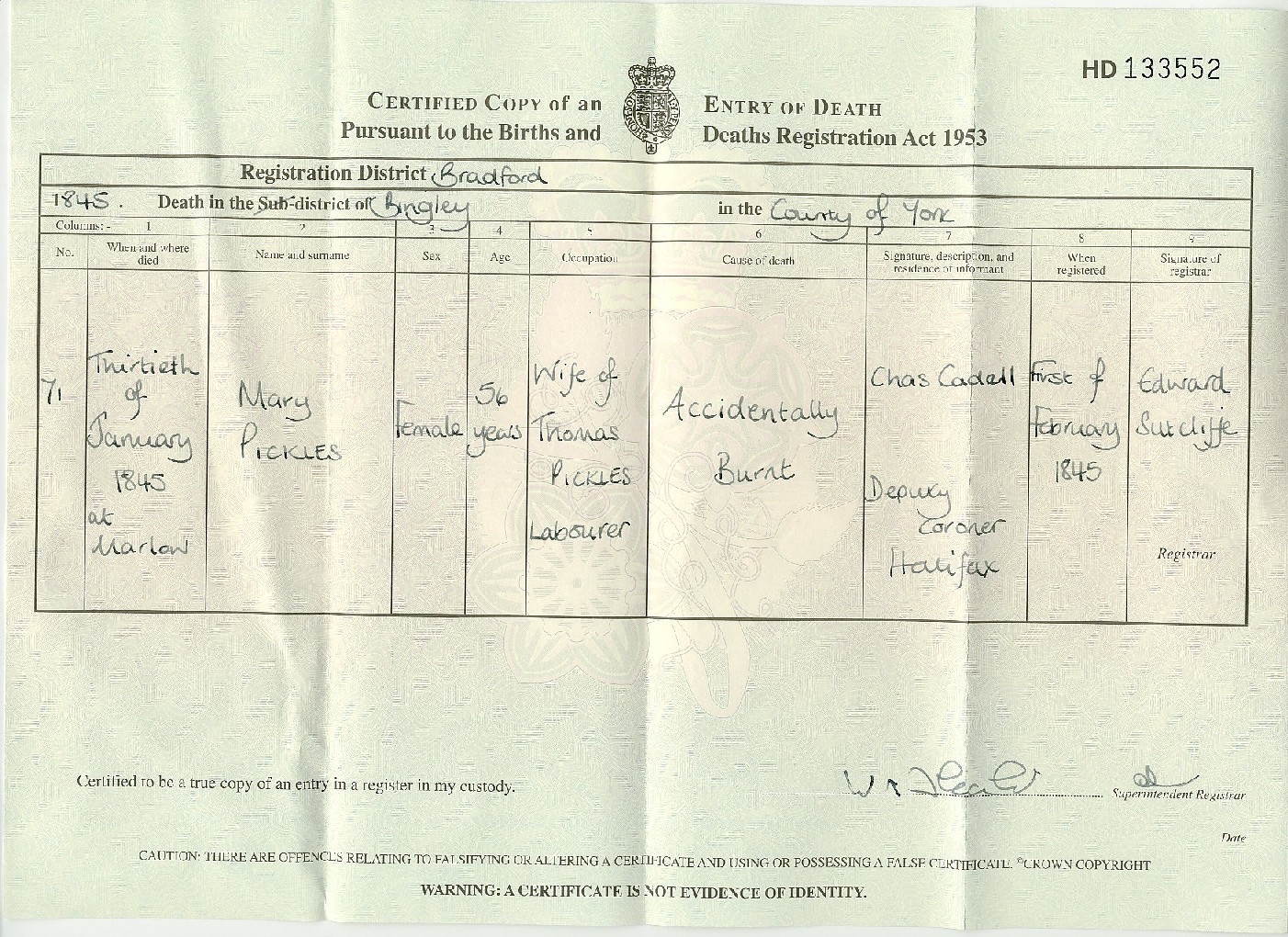 Taken on January 30th, 1845 in Marlow (aka Marley) and sourced from Certificate - Death.