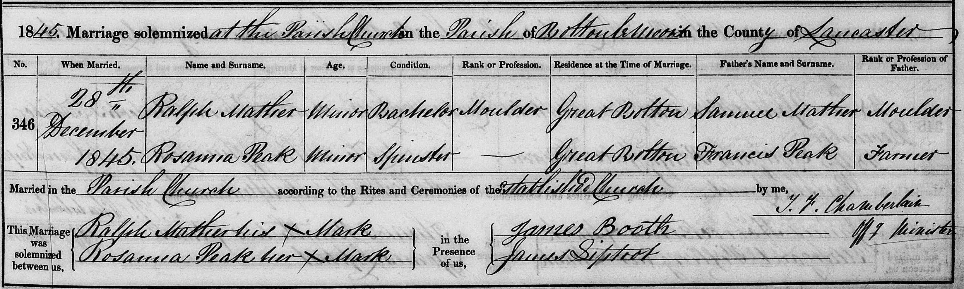 Taken on December 28th, 1845 and sourced from Certificate - Marriage.