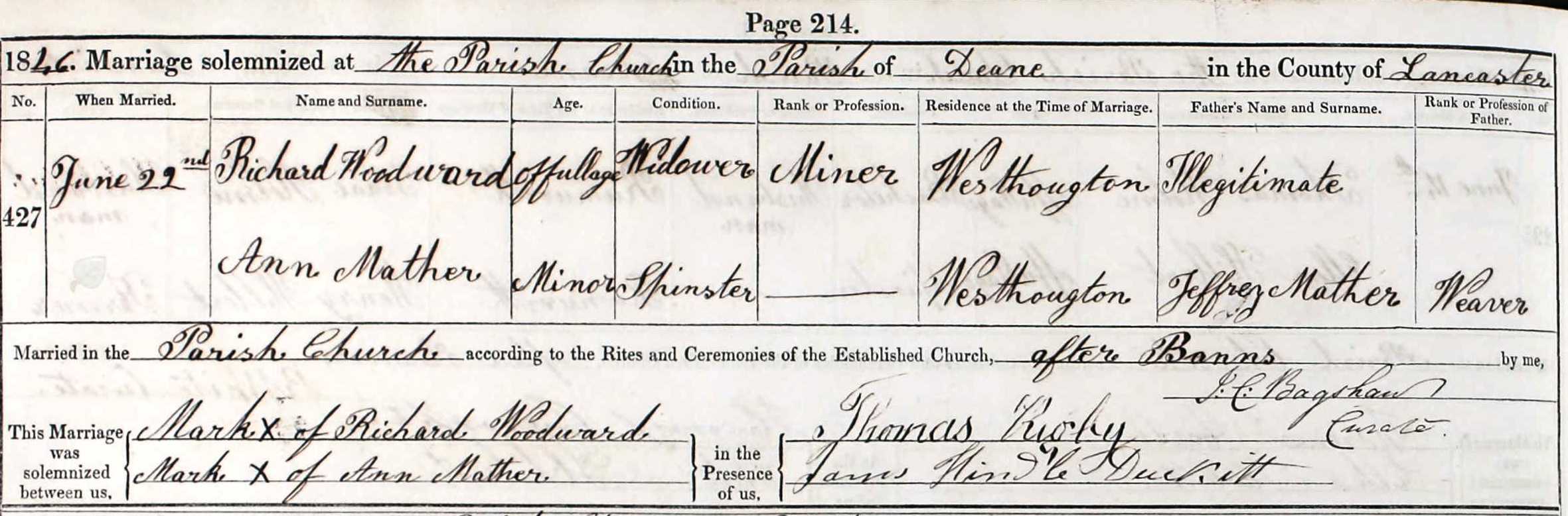 Taken on June 22nd, 1846 and sourced from Certificate - Marriage.