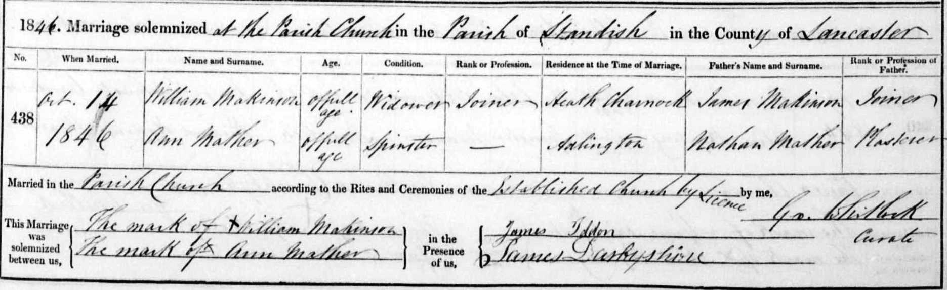 Taken on October 14th, 1846 and sourced from Certificate - Marriage.