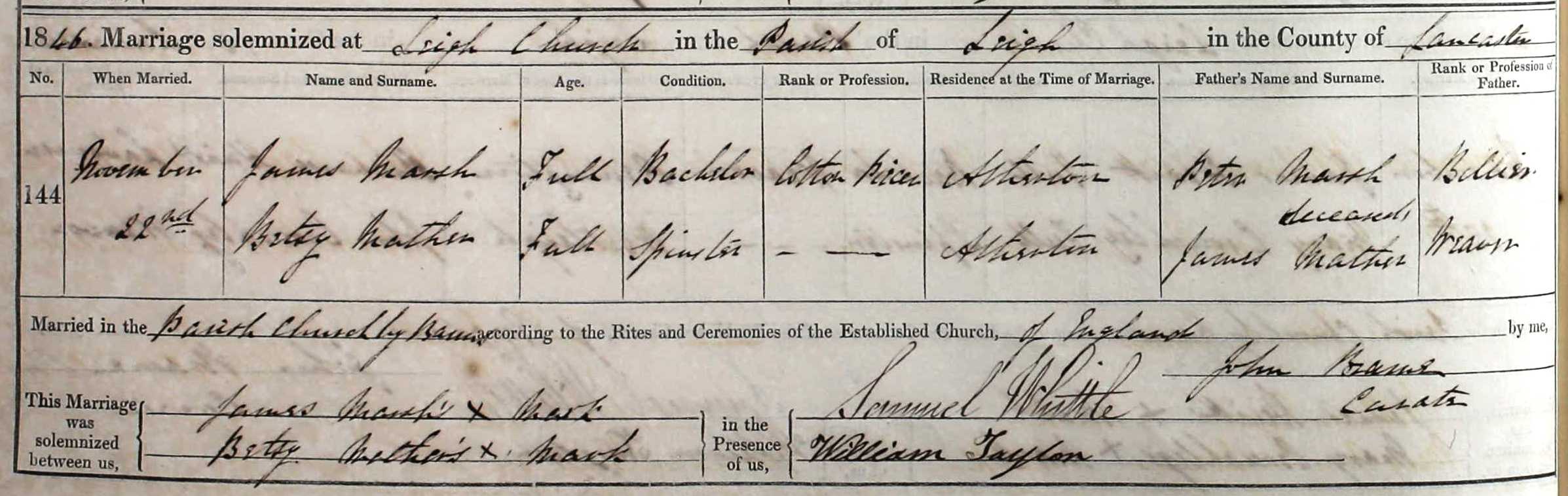 Taken on November 22nd, 1846 and sourced from Certificate - Marriage.