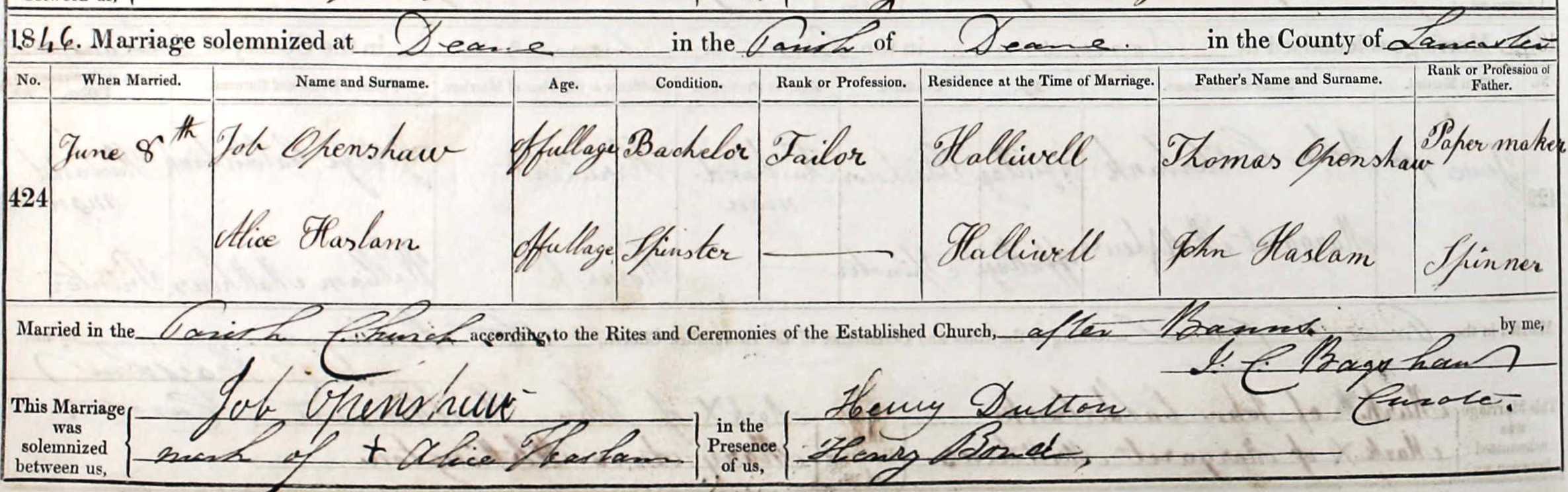 Taken on June 8th, 1846 and sourced from Certificate - Marriage.