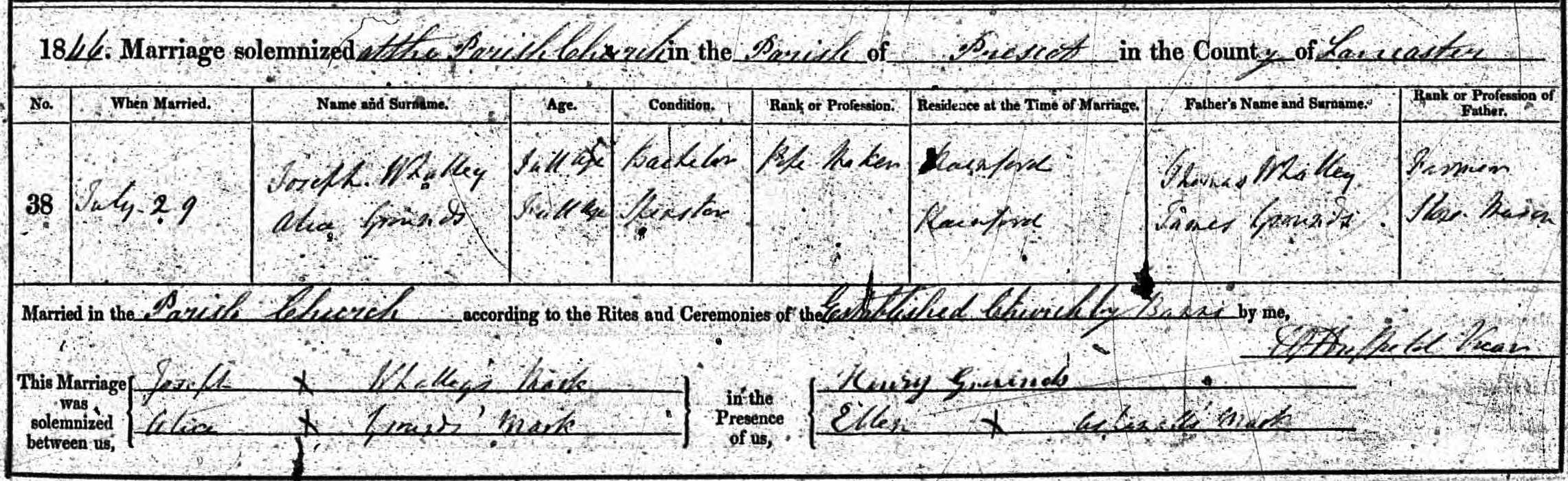 Taken on July 29th, 1846 and sourced from Certificate - Marriage.