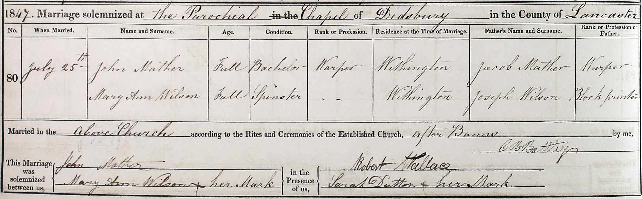 Taken on July 25th, 1847 and sourced from Certificate - Marriage.