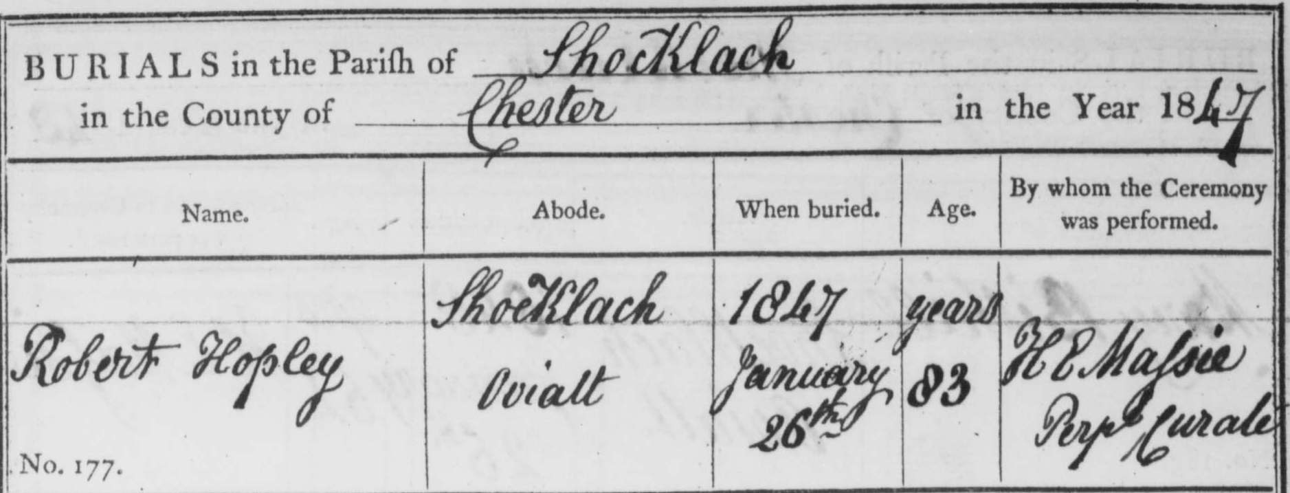 Taken on January 26th, 1847 in Shocklach and sourced from Burial Records - Shocklach.