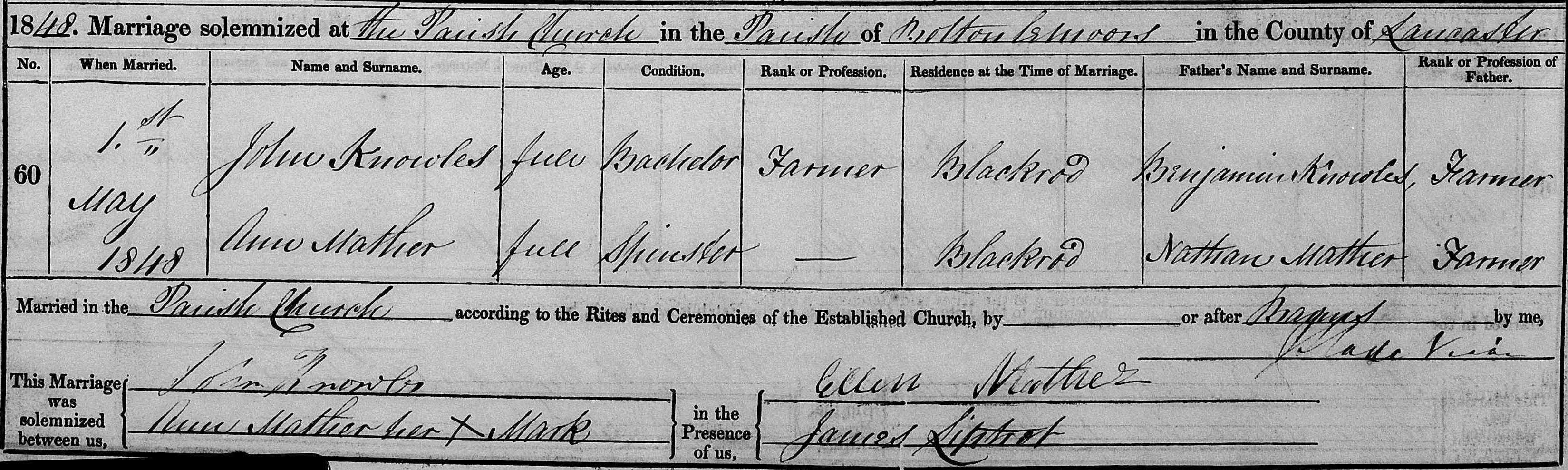 Taken on May 1st, 1848 and sourced from Certificate - Marriage.