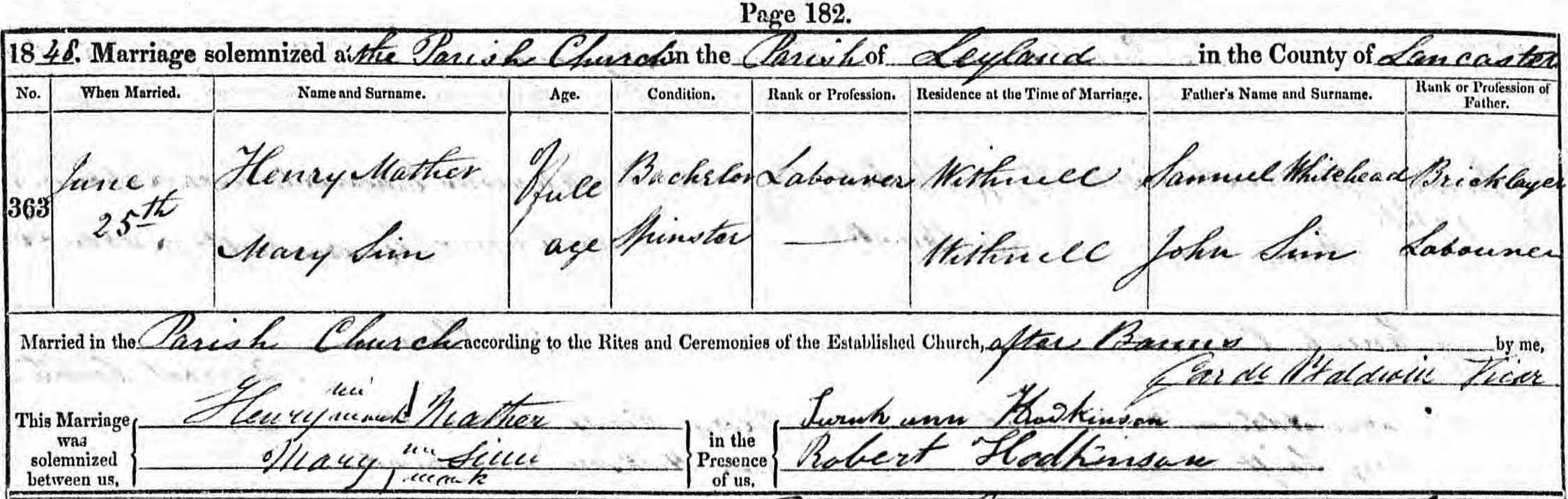 Taken on June 25th, 1848 and sourced from Certificate - Marriage.