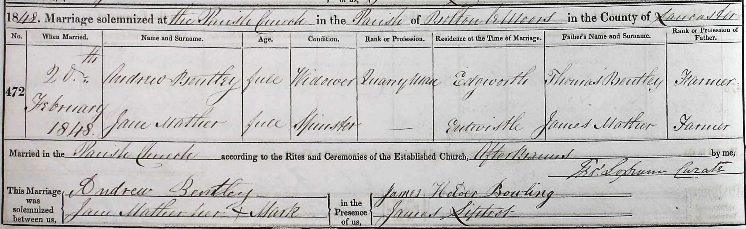 Taken on February 20th, 1848 and sourced from Certificate - Marriage.