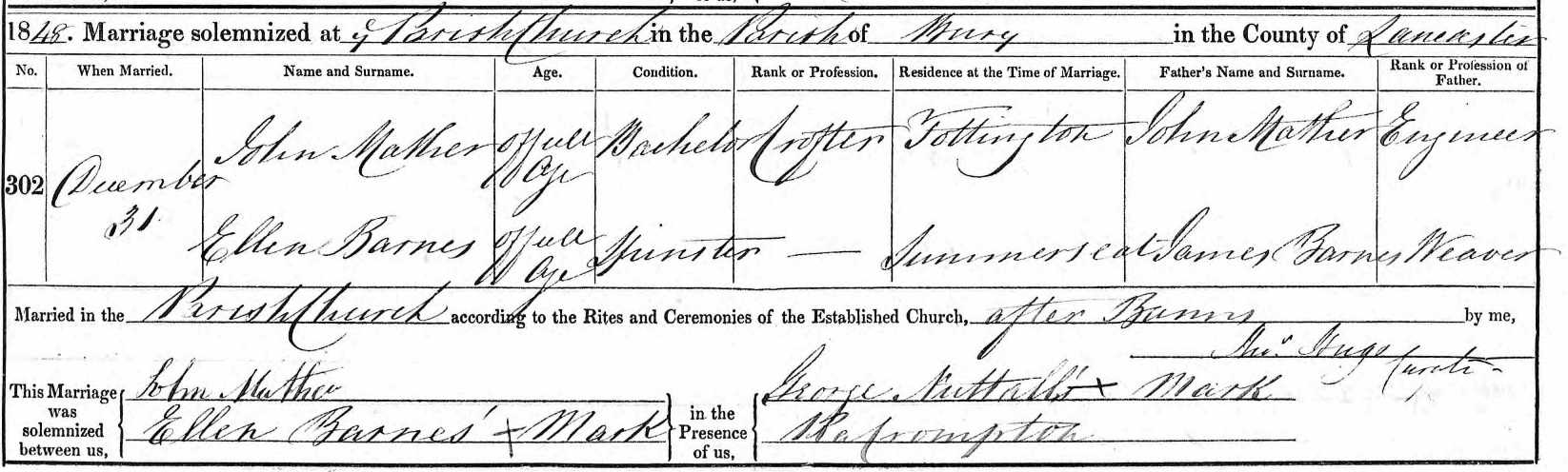 Taken on December 31st, 1848 and sourced from Certificate - Marriage.