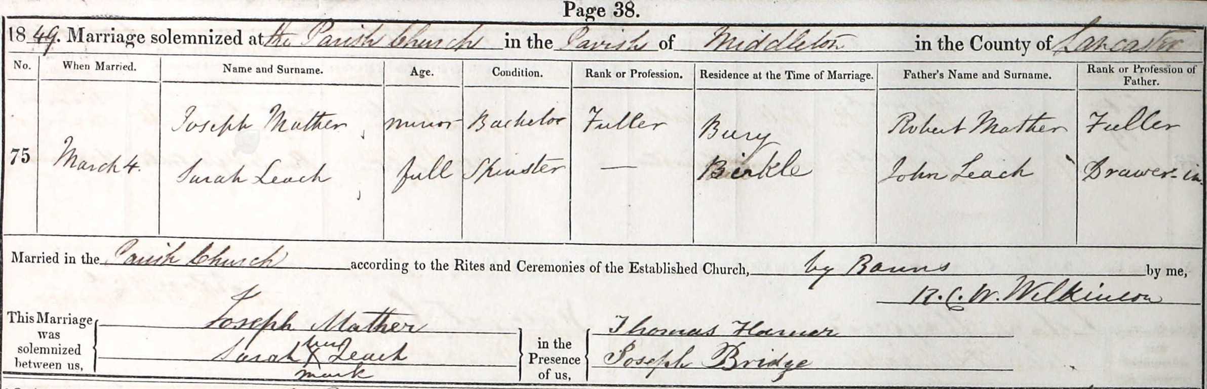 Taken on May 4th, 1849 and sourced from Certificate - Marriage.