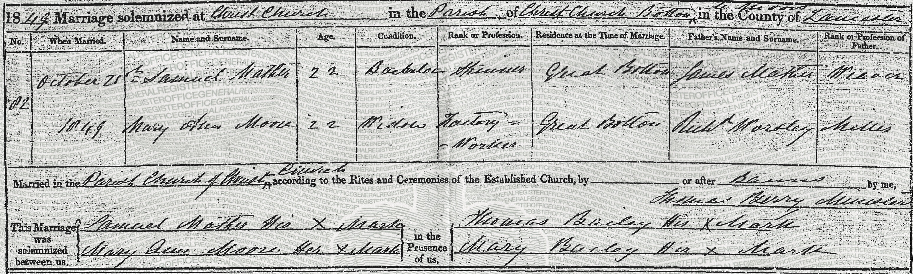 Taken on October 21st, 1849 and sourced from Certificate - Marriage.