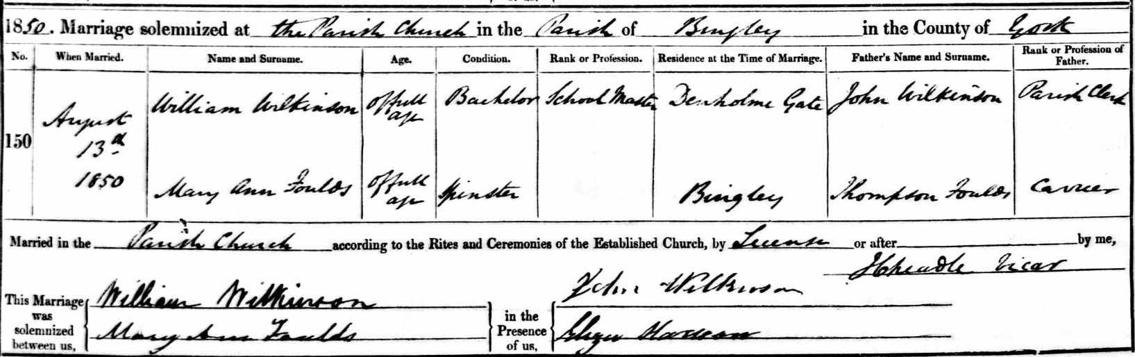 Taken on August 13th, 1850 and sourced from Certificate - Marriage.