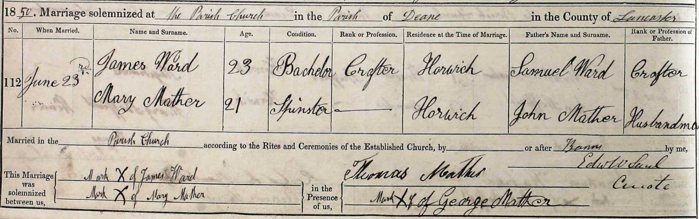 Taken on June 23rd, 1850 and sourced from Certificate - Marriage.