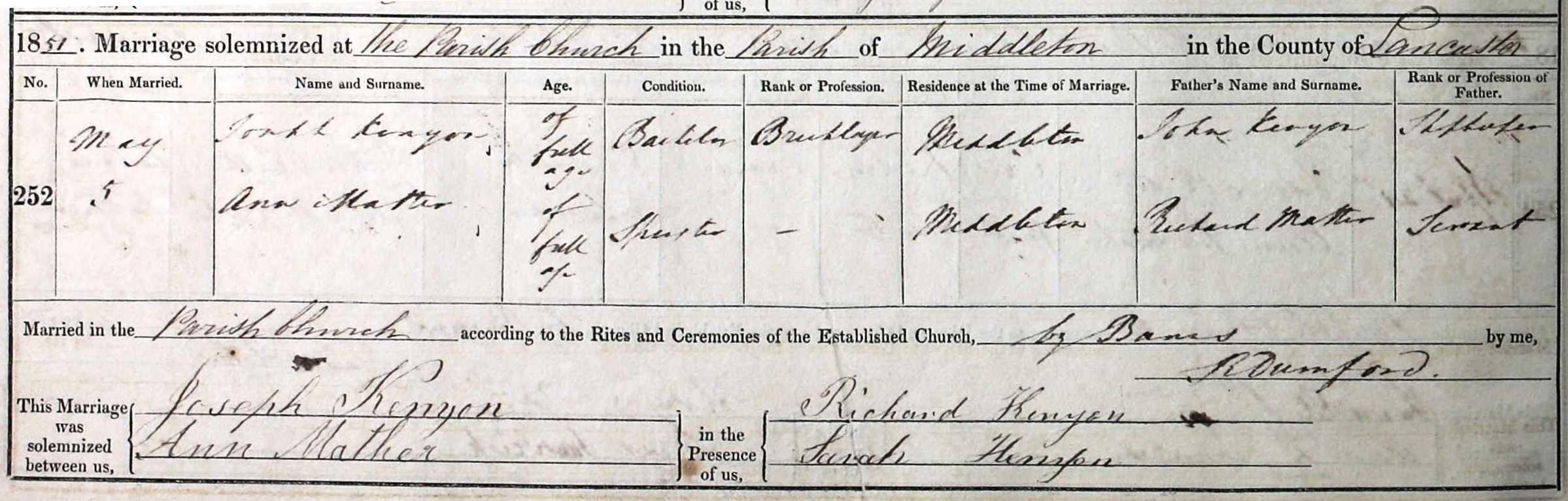 Taken on May 5th, 1851 and sourced from Certificate - Marriage.