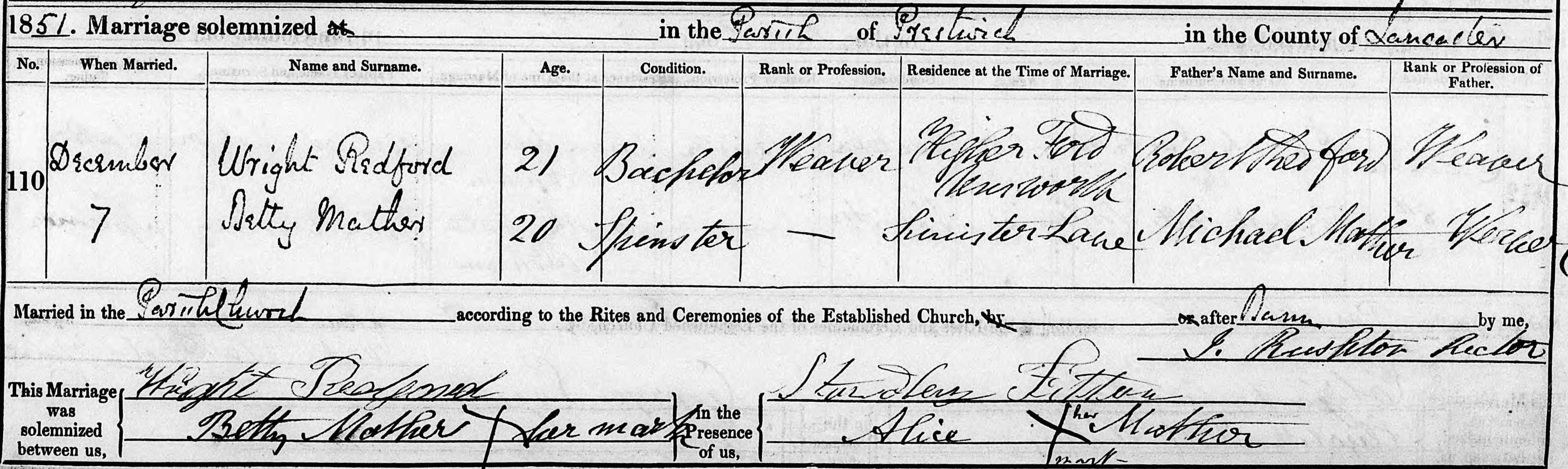 Taken on December 7th, 1851 and sourced from Certificate - Marriage.