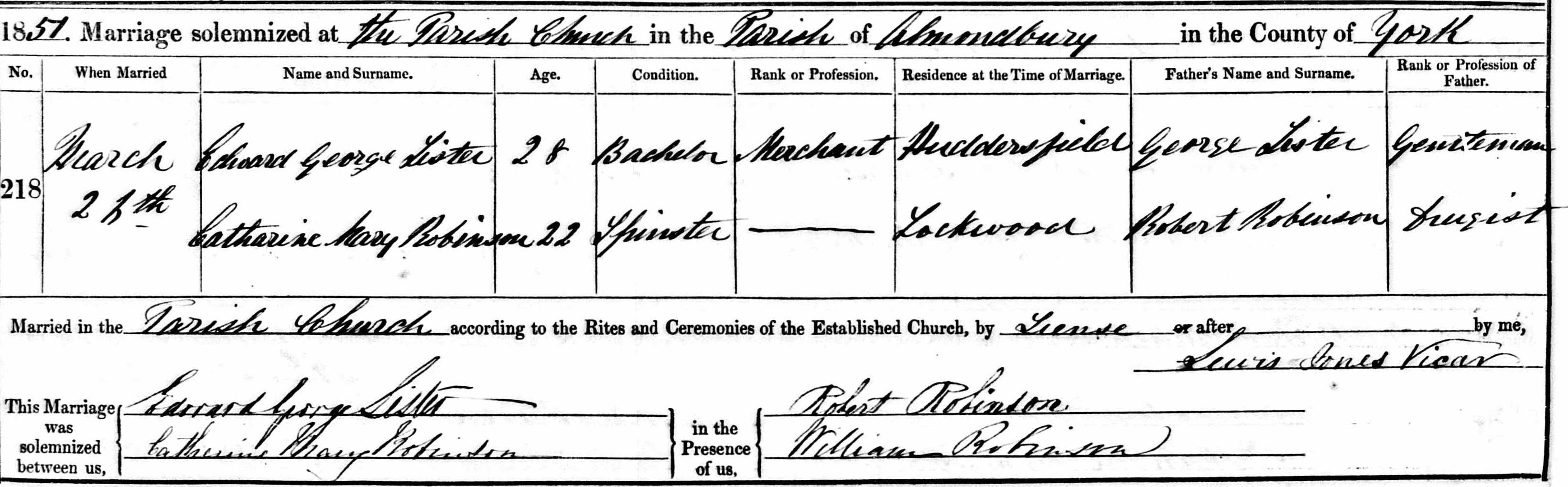 Taken on March 26th, 1851 and sourced from Certificate - Marriage.