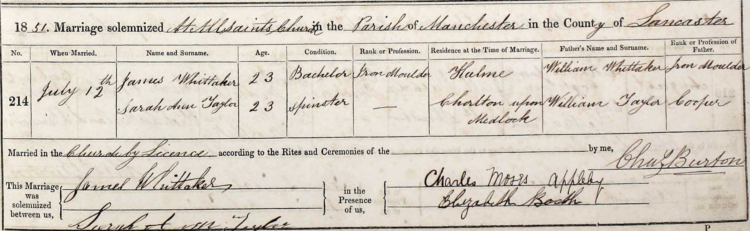 Taken on July 12th, 1851 and sourced from Certificate - Marriage.