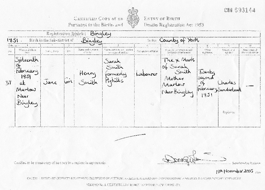 Taken on February 16th, 1851 in Marlow (aka Marley) and sourced from Certificate - Birth.