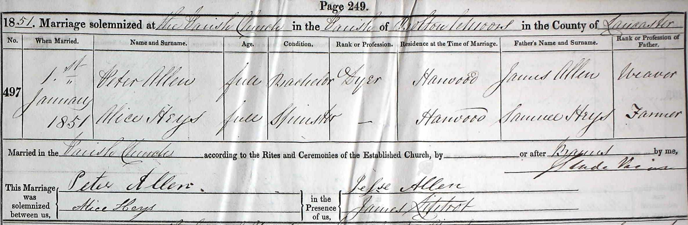 Taken on January 1st, 1851 and sourced from Certificate - Marriage.