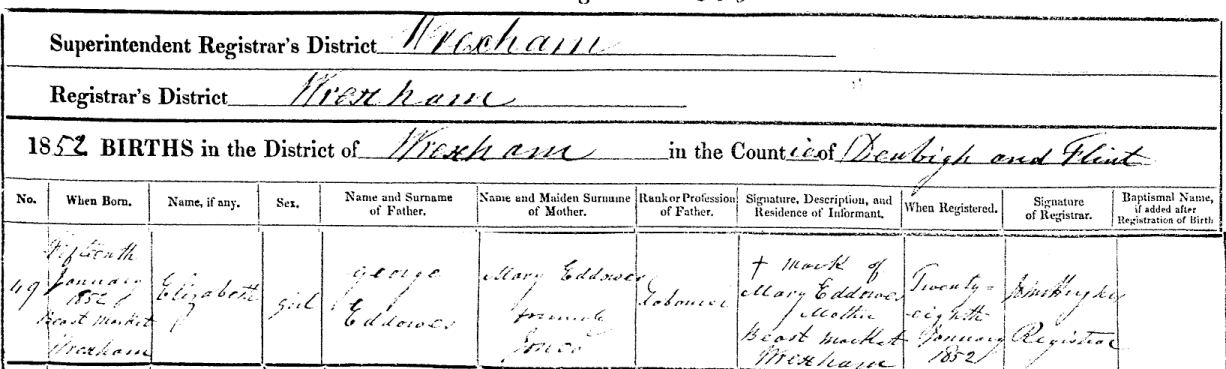 Taken on January 15th, 1852 and sourced from Certificate - Birth.