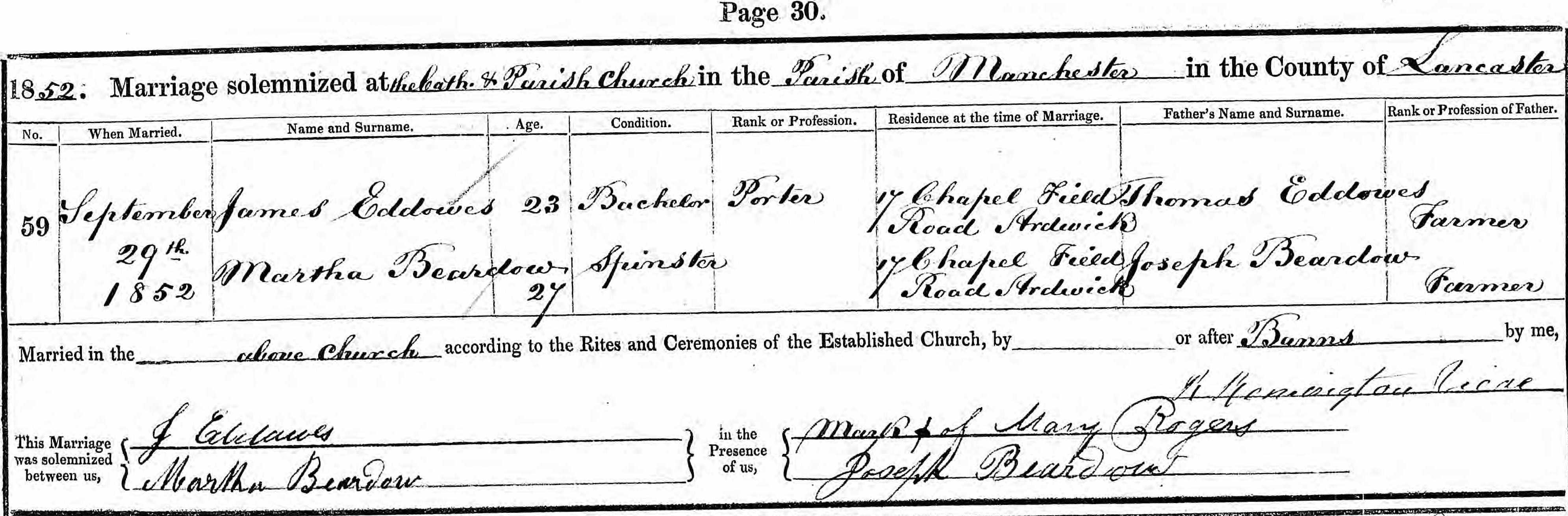 Taken on September 29th, 1852 and sourced from Certificate - Marriage.