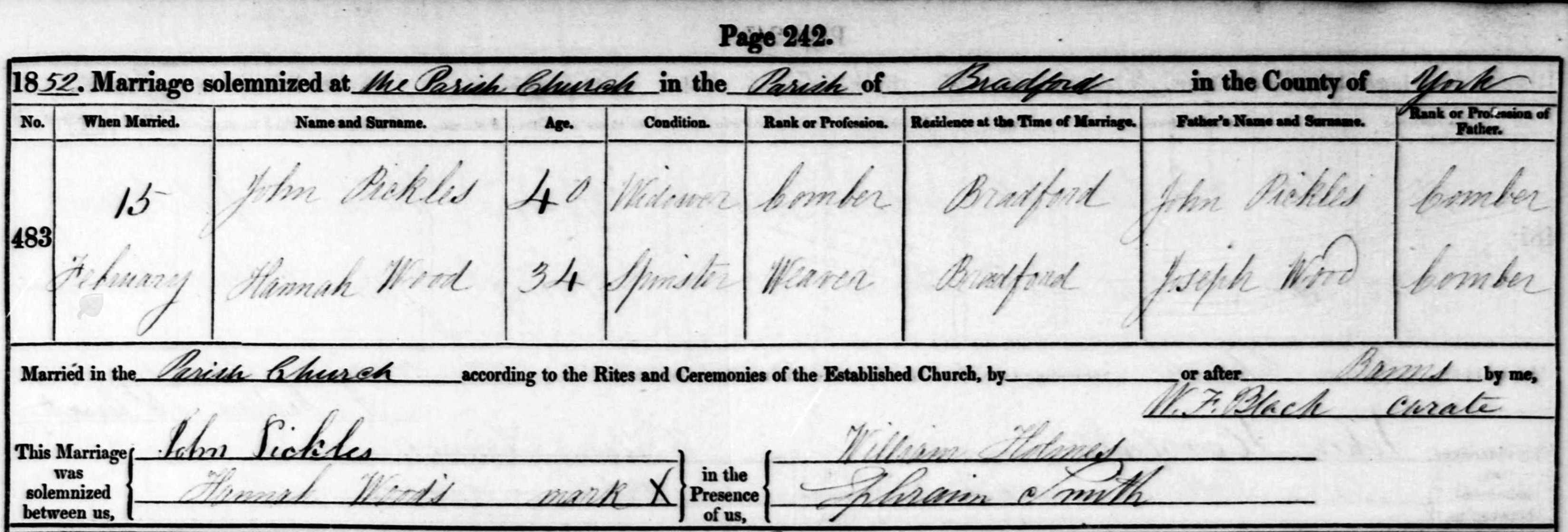 Taken on February 15th, 1852 and sourced from Certificate - Marriage.