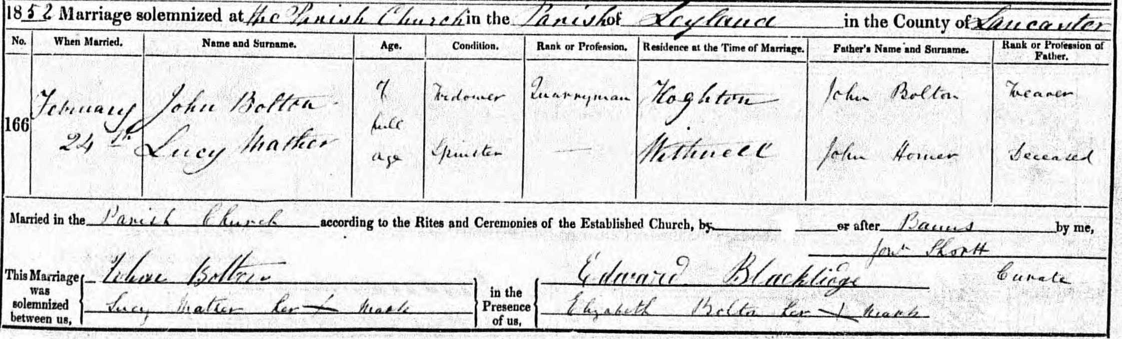 Taken on February 24th, 1852 and sourced from Certificate - Marriage.