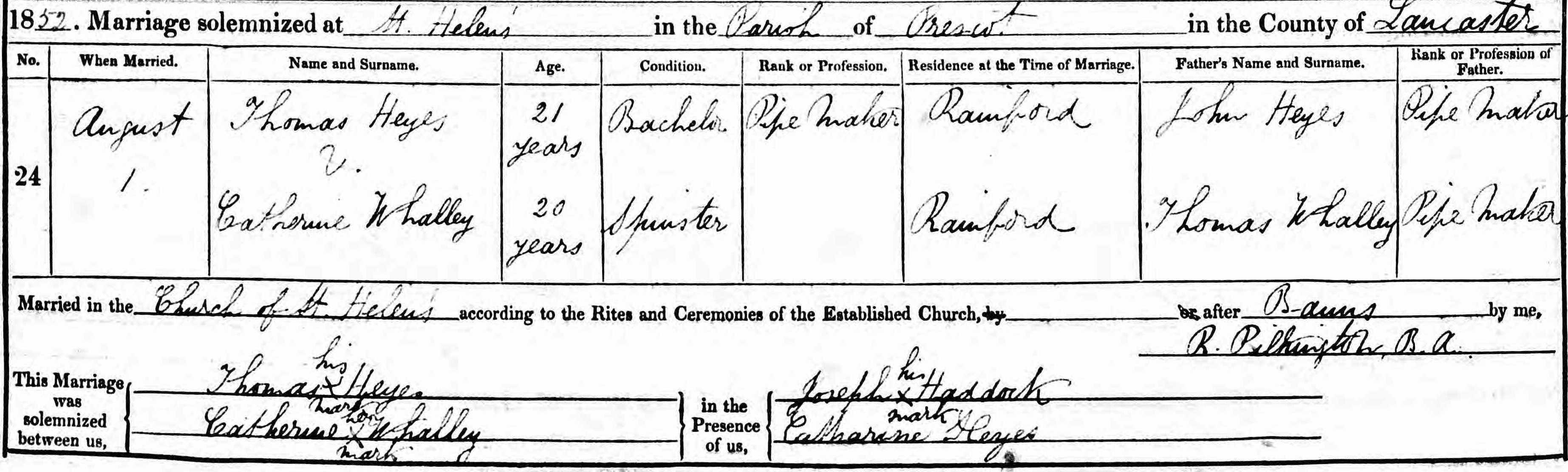 Taken on August 1st, 1852 and sourced from Certificate - Marriage.