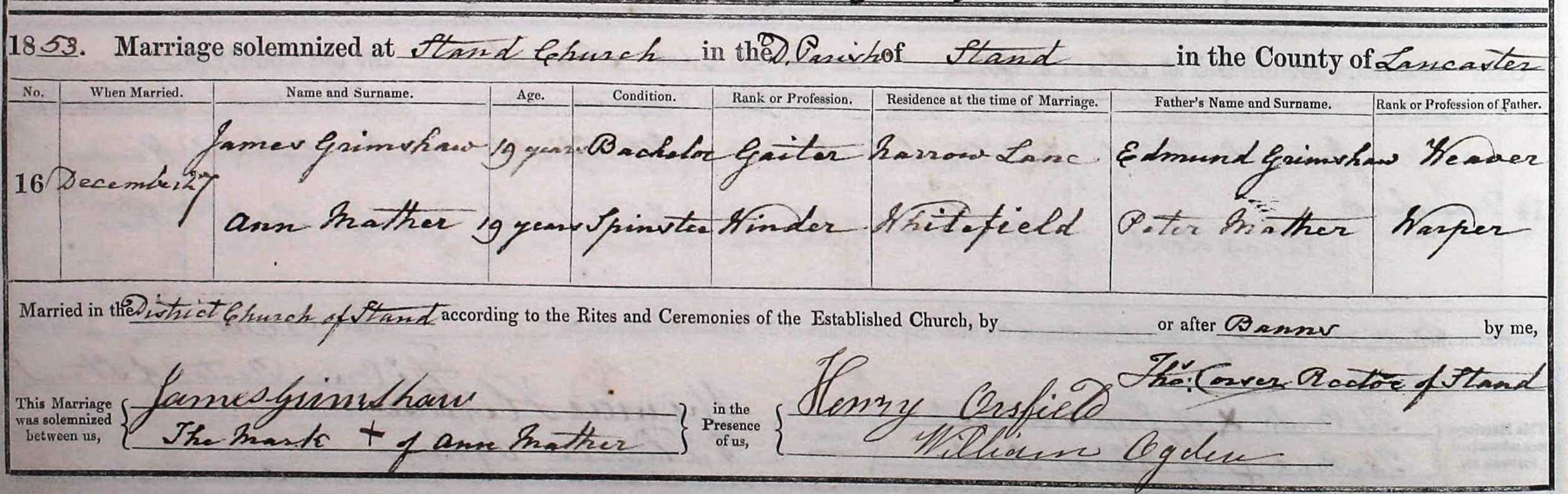 Taken on December 27th, 1853 and sourced from Certificate - Marriage.