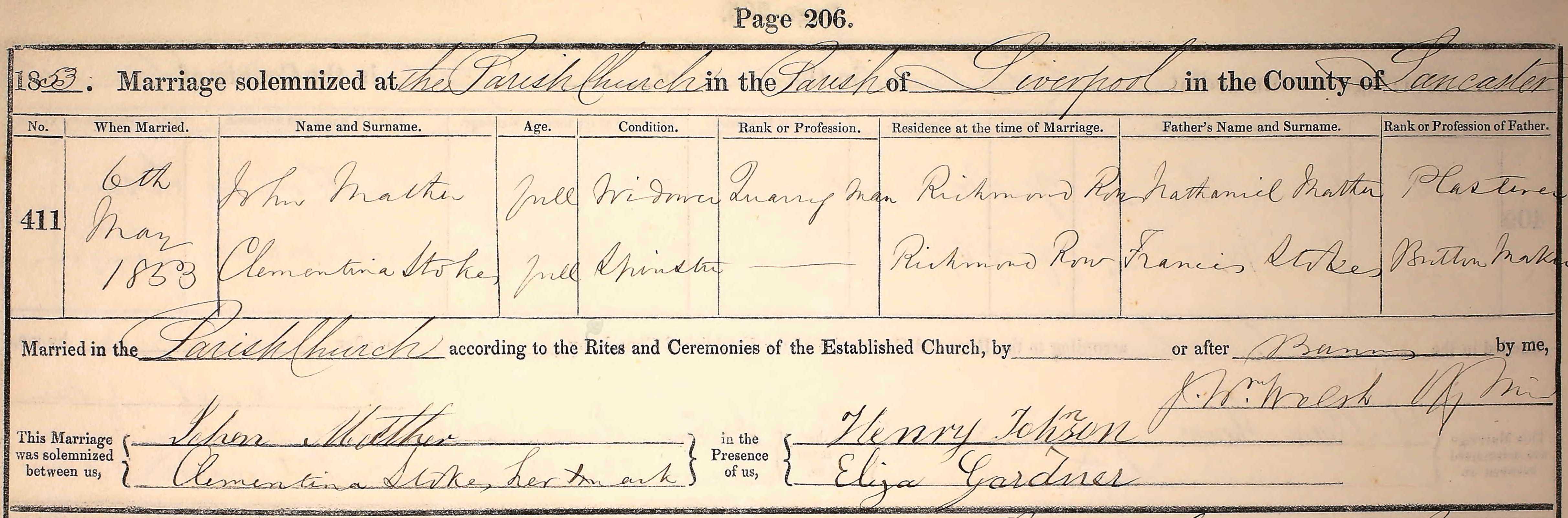 Taken on May 6th, 1853 and sourced from Certificate - Marriage.