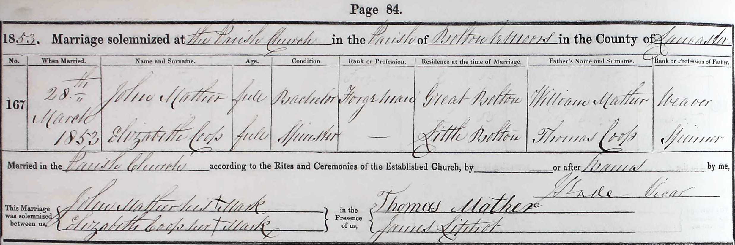 Taken on March 28th, 1853 and sourced from Certificate - Marriage.