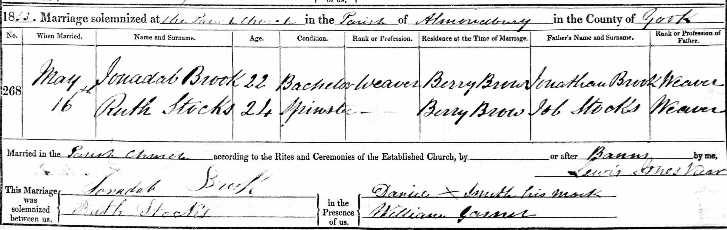 Taken on May 16th, 1853 and sourced from Certificate - Marriage.