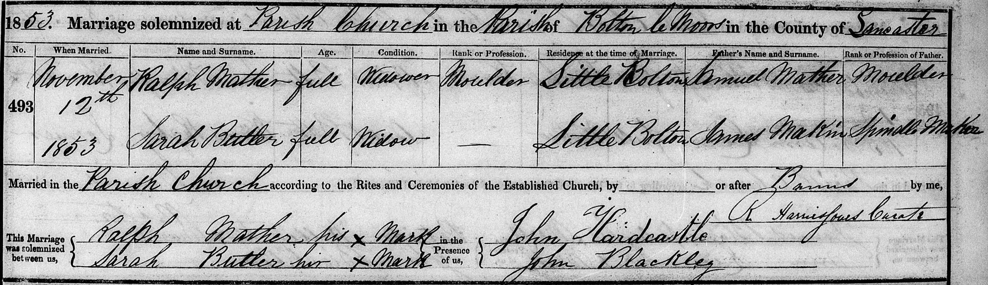 Taken on November 12th, 1853 and sourced from Certificate - Marriage.