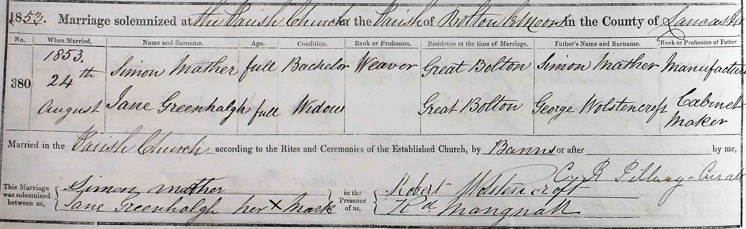 Taken on August 24th, 1853 and sourced from Certificate - Marriage.