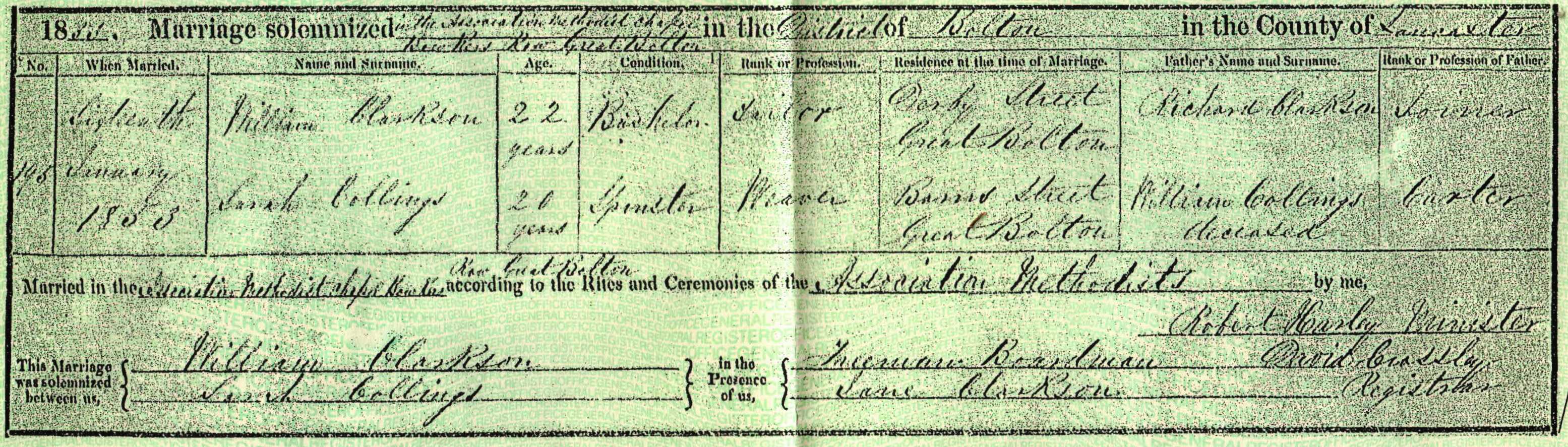 Taken on January 18th, 1853 and sourced from Certificate - Marriage.