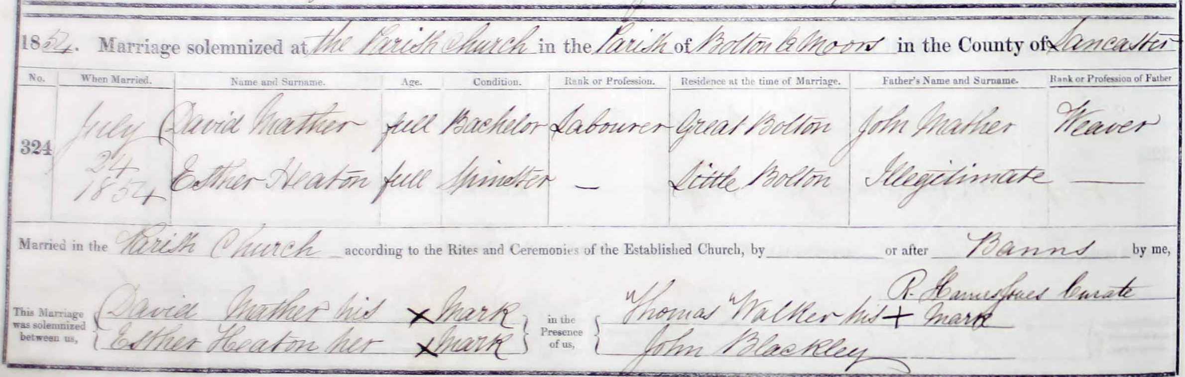 Taken on July 24th, 1854 and sourced from Certificate - Marriage.