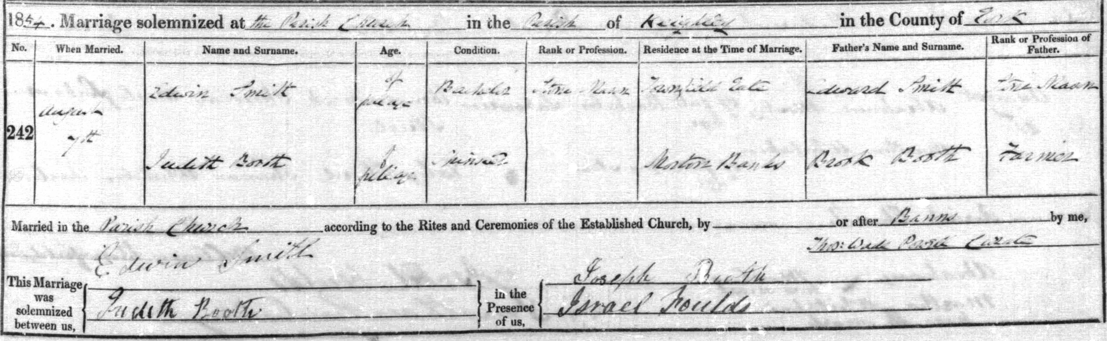 Taken on August 7th, 1854 and sourced from Certificate - Marriage.