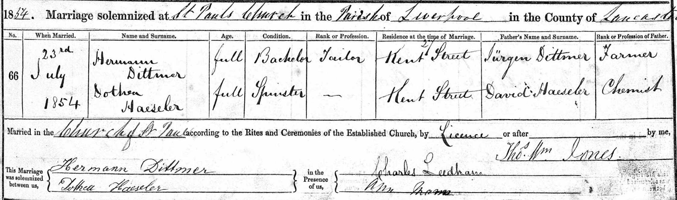 Taken on July 23rd, 1854 in Liverpool and sourced from Certificate - Marriage.