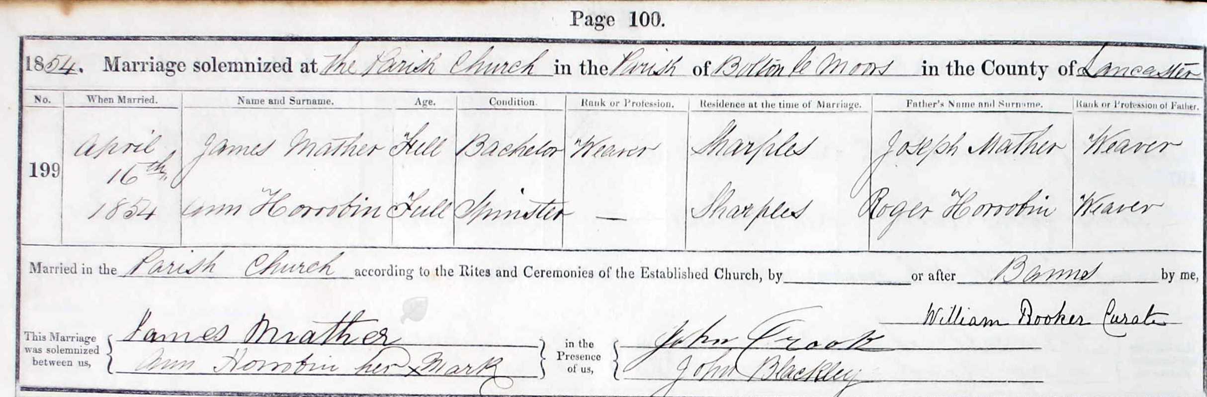 Taken in 1854 and sourced from Certificate - Marriage.