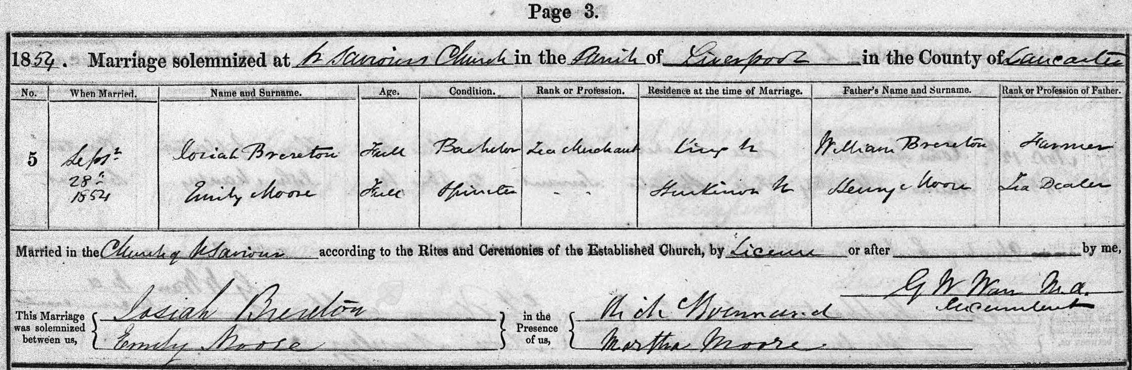 Taken on September 28th, 1854 and sourced from Certificate - Marriage.