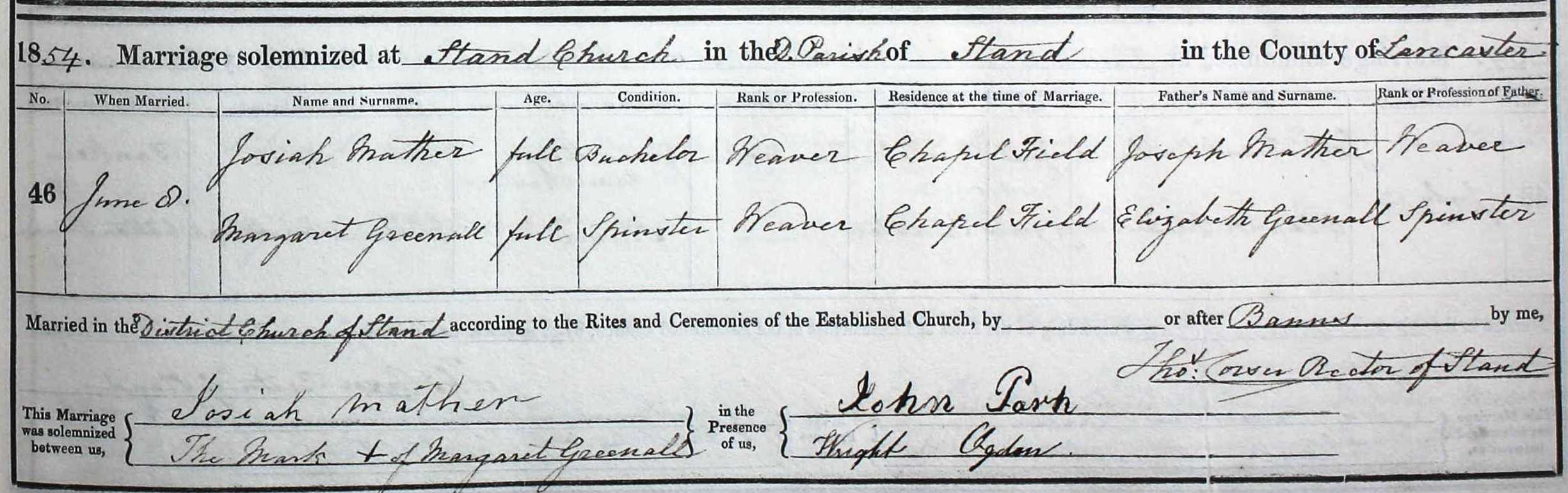 Taken on June 8th, 1854 and sourced from Certificate - Marriage.