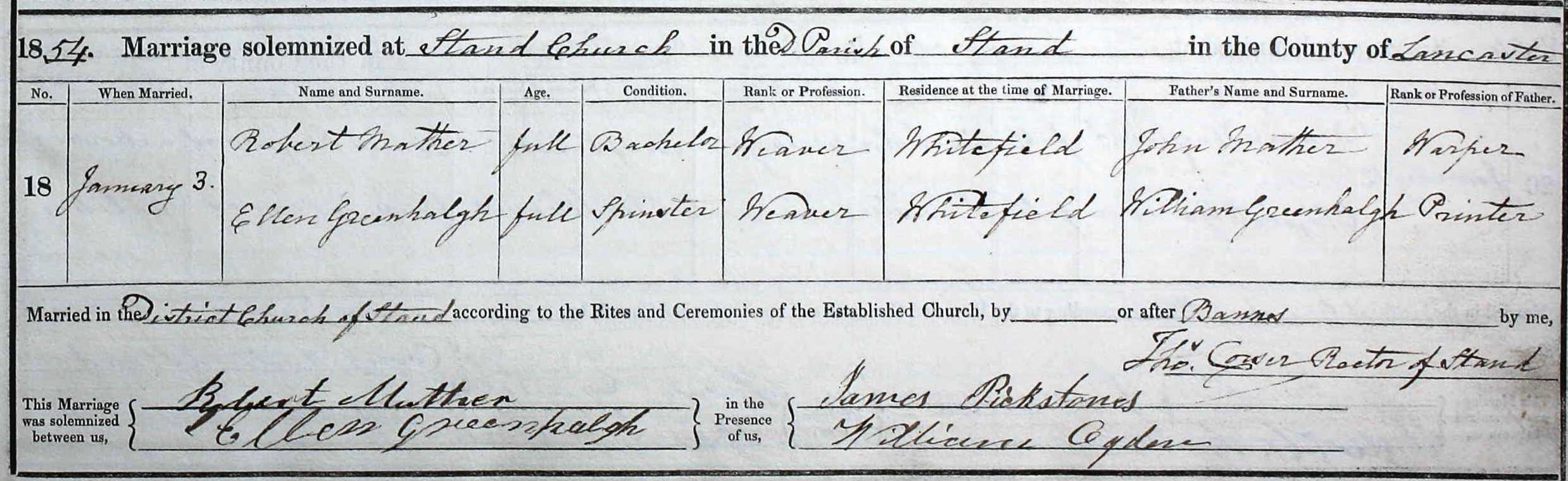 Taken on January 3rd, 1854 and sourced from Certificate - Marriage.