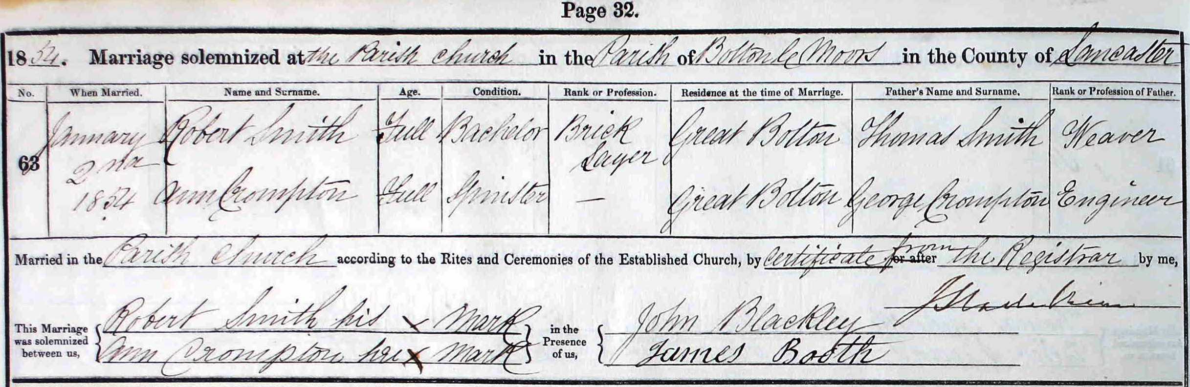 Taken on January 2nd, 1854 and sourced from Certificate - Marriage.