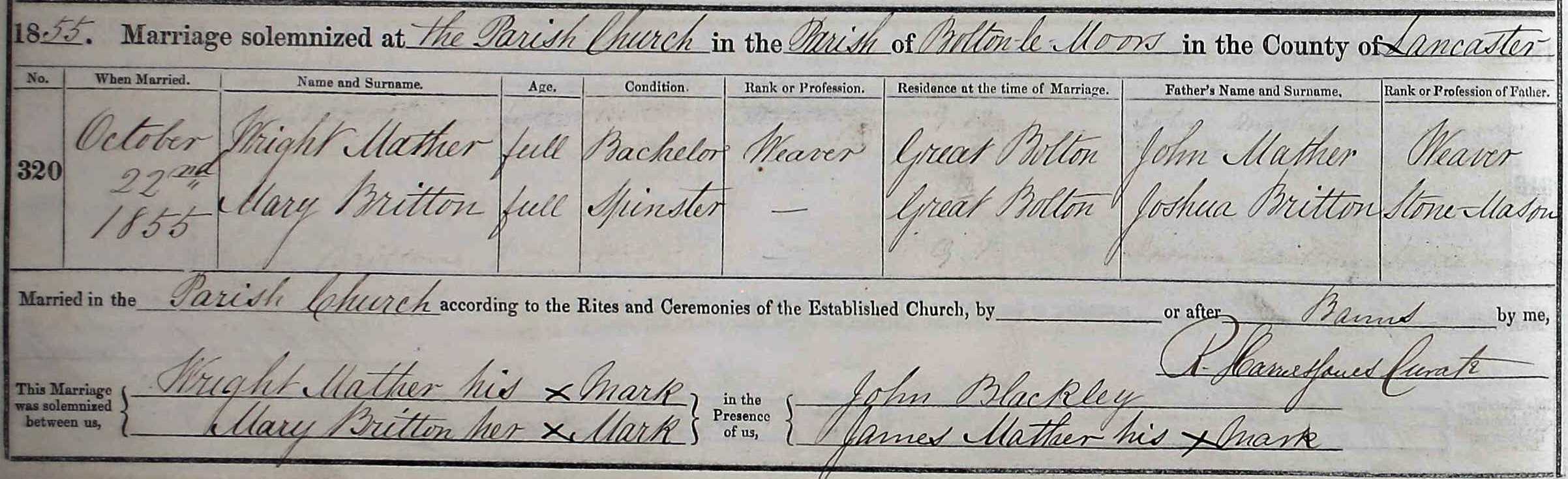 Taken on October 22nd, 1855 and sourced from Certificate - Marriage.