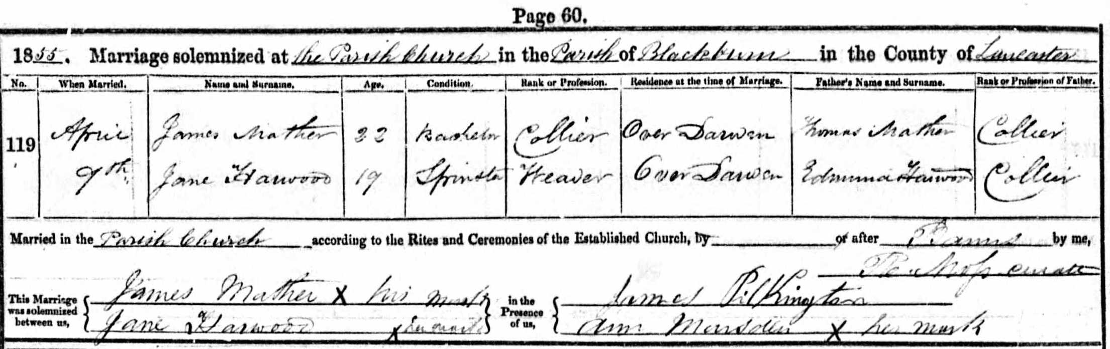 Taken on April 9th, 1855 and sourced from Certificate - Marriage.